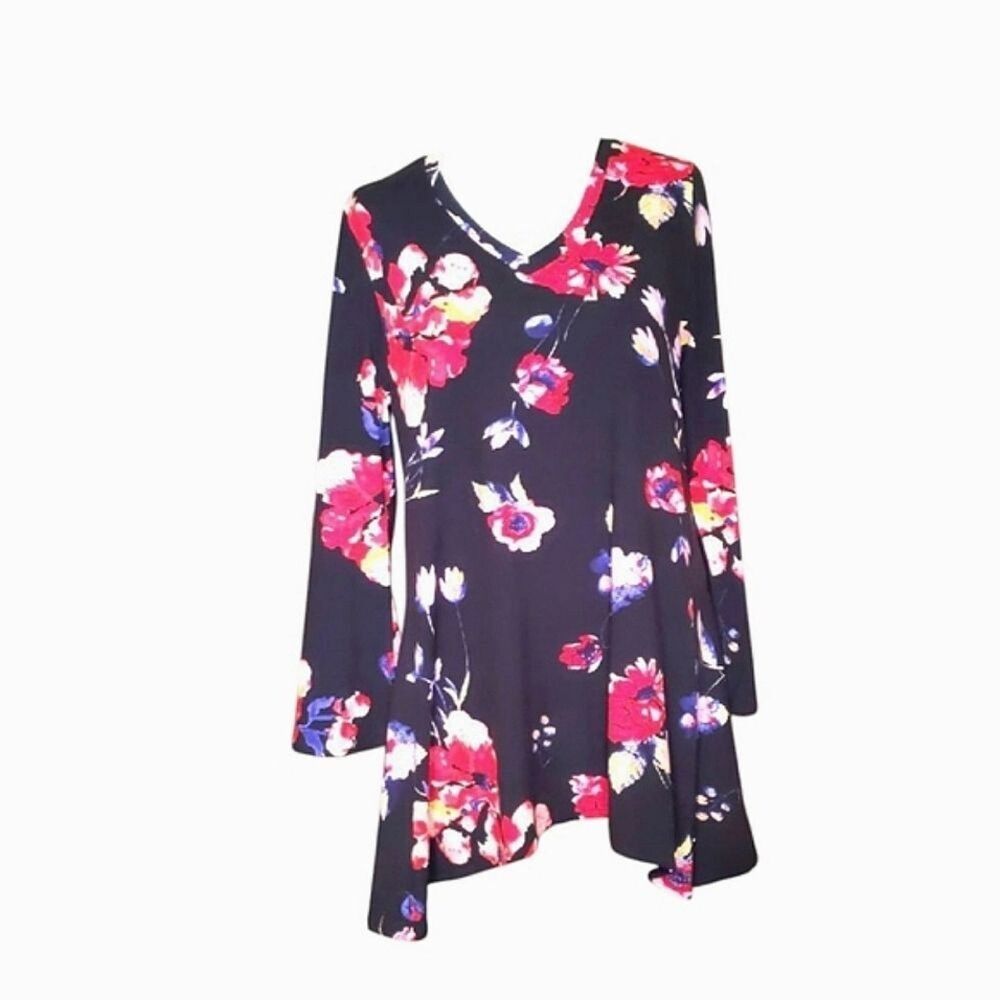 Tunic Top Mini Dress Floral V-Neck Stretchy Blue S-M
